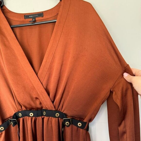 Brown Midi Dress Long Sleeve Wrap Style Belted Asymmetrical Hem BCBGMaxazria S - Picture 8 of 8